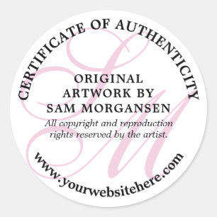 Sticker Rond Monogramme rose Élégant certificat d'authenticité