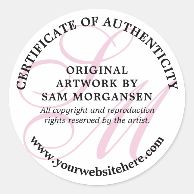 Sticker Rond Monogramme rose Élégant certificat d'authenticité (Devant)