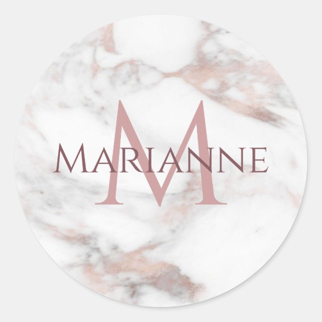 Sticker Rond Monogramme Rose Gold Marbre Moderne Élégant (Devant)