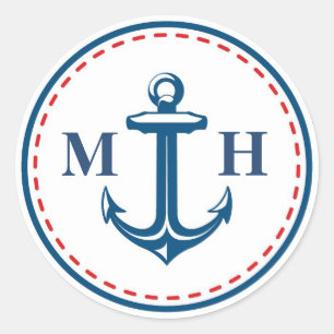Sticker Rond Monogramme rouge/marine Enveloppe à thème nautique