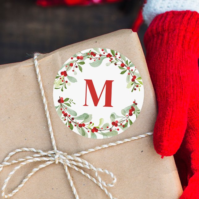 Sticker Rond Monogramme rouge moderne Berry Berry Noël (Créateur téléchargé)