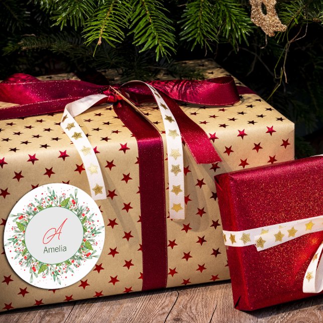 Sticker Rond Monogramme Rouge Noël vert (Créateur téléchargé)