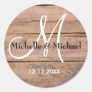 Sticker Rond Monogramme Rustique Brown Grange En Bois De Mariag