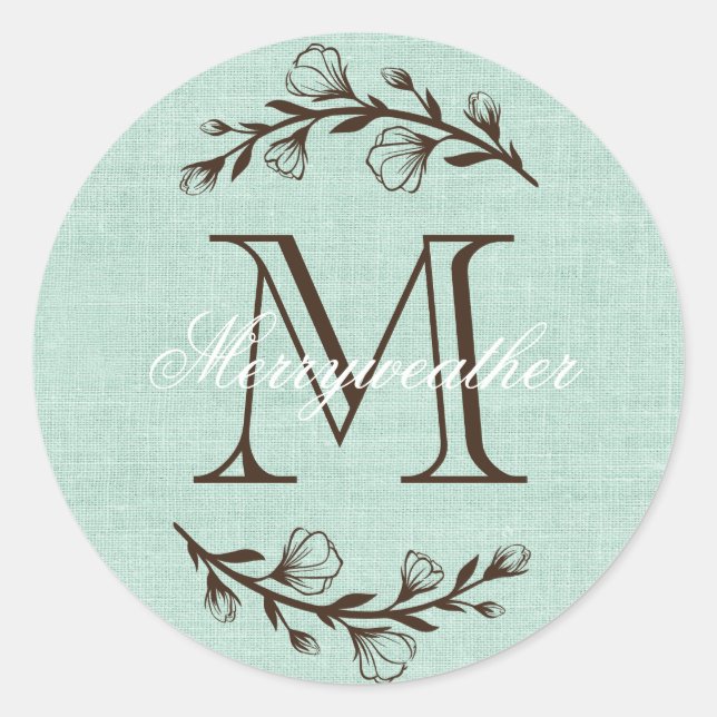 Sticker Rond Monogramme rustique élégant Floral Turquoise Burla (Devant)