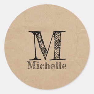 Sticker Rond Monogramme Rustique Kraft papier Brown Look