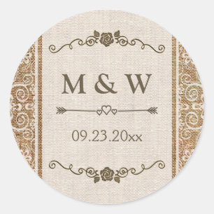 Sticker Rond Monogramme Rustique Mariage de dentelle Burlap