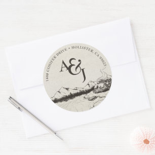 Sticker Rond Monogramme Rustique Mariage de montagne d'hiver