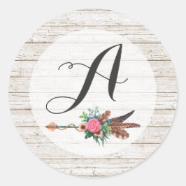 Sticker Rond Monogramme Rustique Plumes de Bohême Mariage Flèch