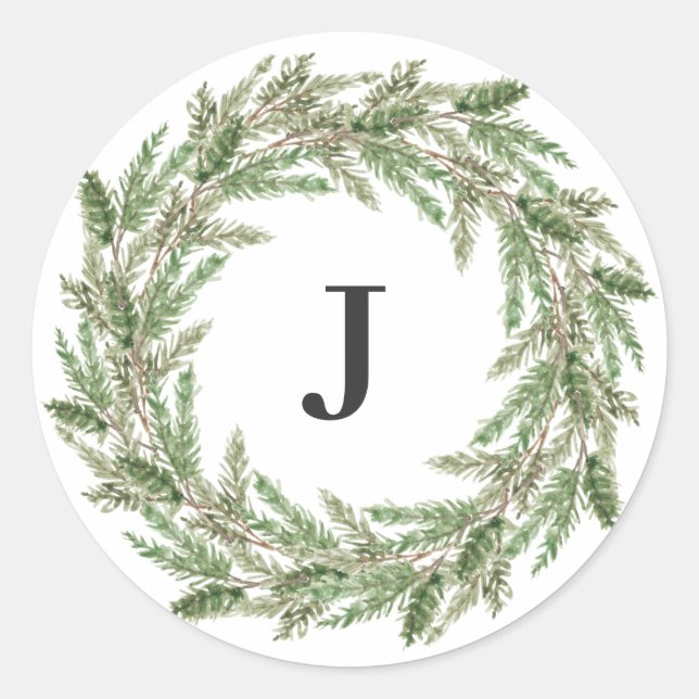 Sticker Rond Monogramme Rustique Verdure Pine Vacances en Wreat (Devant)