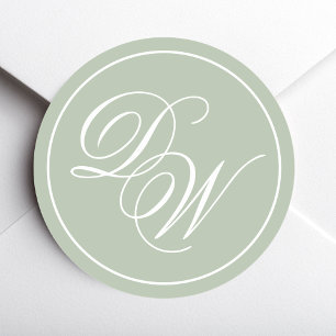 Sticker Rond Monogramme Sage Vert Simple Blanc Script 2 Initial
