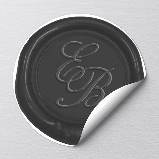 Sticker Rond Monogramme Script Black Wax Seal Mariage Favoriser (Créateur téléchargé)