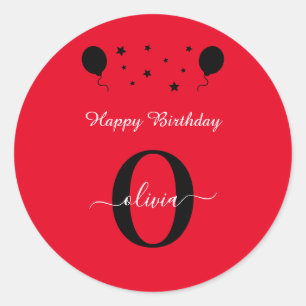 Sticker Rond Monogramme Script Bonne Anniversaire Rouge Noir Bl