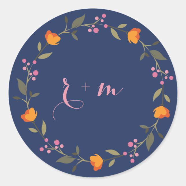 Sticker Rond Monogramme sur mesure Mariage de couronne de fleur (Devant)