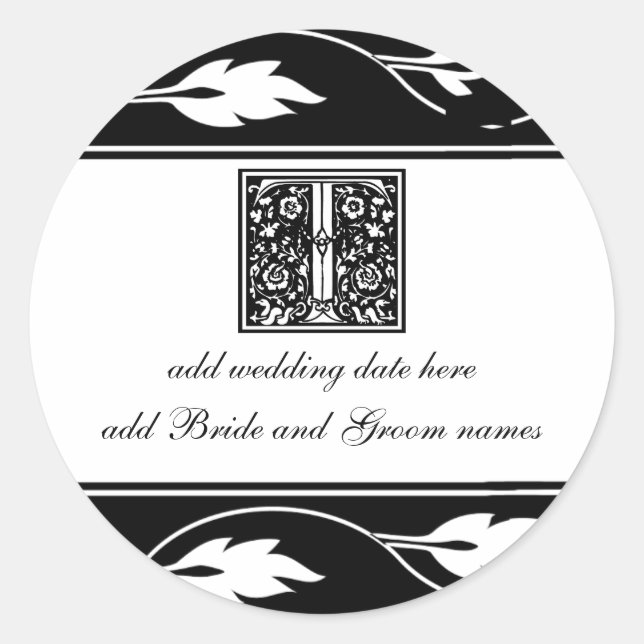 Sticker Rond Monogramme T à feuilles noires et blanches (Devant)