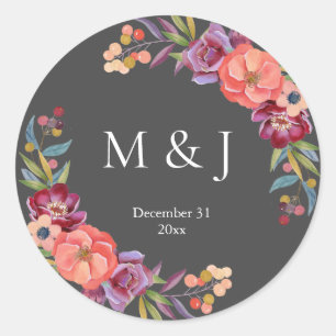 Sticker Rond Monogramme Tropical Élégant Gris Bourgogne et Plum