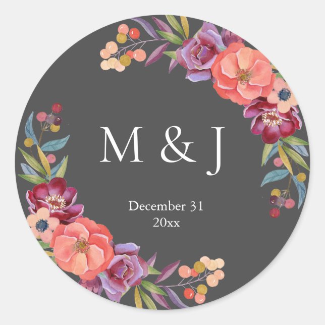 Sticker Rond Monogramme Tropical Élégant Gris Bourgogne et Plum (Devant)