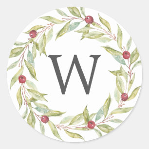 Sticker Rond Monogramme Verdure couronne Baies rouges Noël