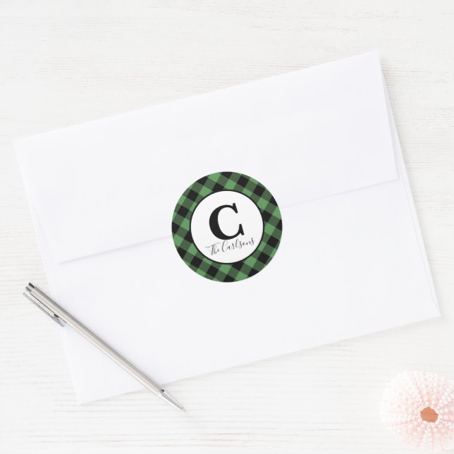 Sticker Rond Monogramme Vert Buffle noir Plaid Noël (Enveloppe)