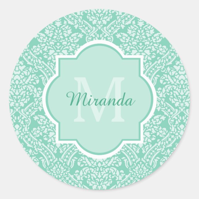 Sticker Rond Monogramme vert de menthe élégant avec nom (Devant)