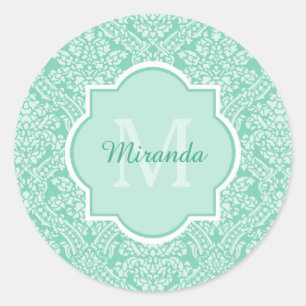 Sticker Rond Monogramme vert de menthe élégant avec nom