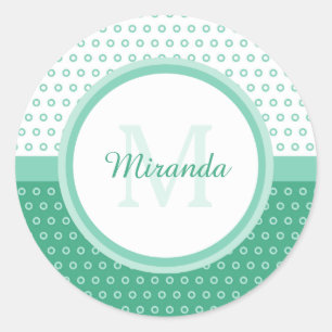 Sticker Rond Monogramme vert et blanc Pois avec nom