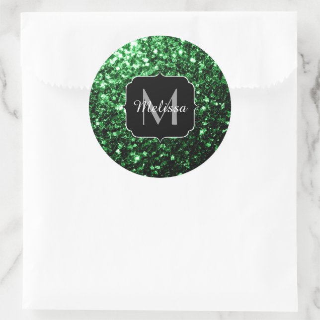 Sticker Rond Monogramme vert foncé faux parties scintillant sci (Sac)