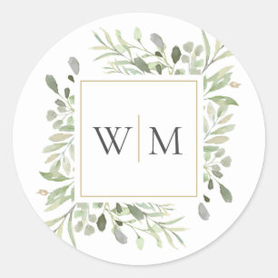 Sticker Rond Monogramme vert Mariage or moderne