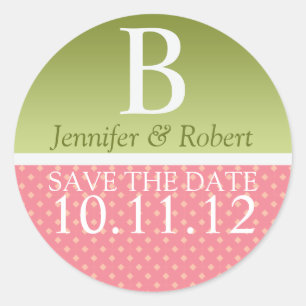 Sticker Rond Monogramme Vert Rose Mariage Enregistrer La Date