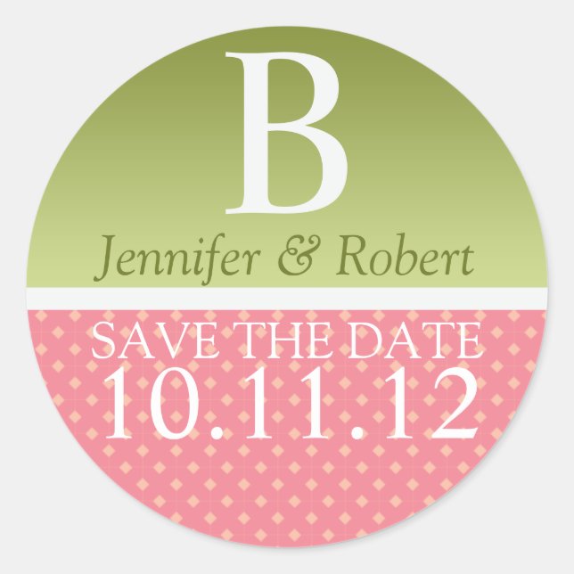 Sticker Rond Monogramme Vert Rose Mariage Enregistrer La Date (Devant)