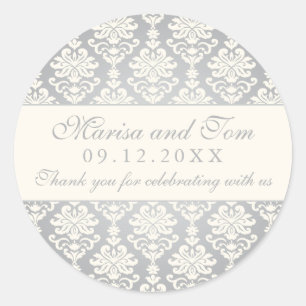Sticker Rond Monogramme vintage Silver Ivory Mariage damassé