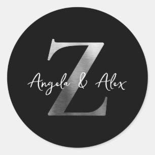 Sticker Rond Monogramme Z Mariage Métal Brossé Argent Noir