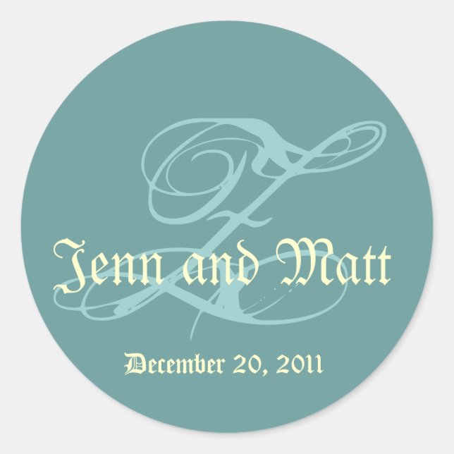 Sticker Rond Monogramme Z Noms du Mariage Date Blue Cream Seal (Devant)