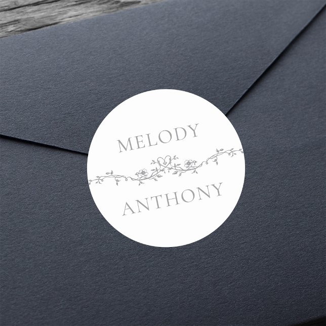 Sticker Rond Monogrammes de bordure florale gris élégant (Créateur téléchargé)