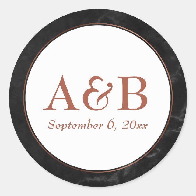 Sticker Rond Monogrammes en cuivre et date sur le marbre noir (Devant)