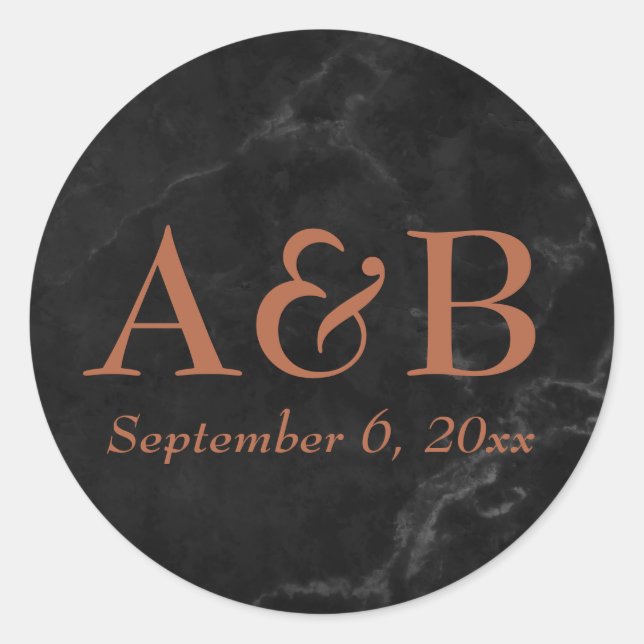 Sticker Rond Monogrammes en cuivre et date sur marbre noir (Devant)