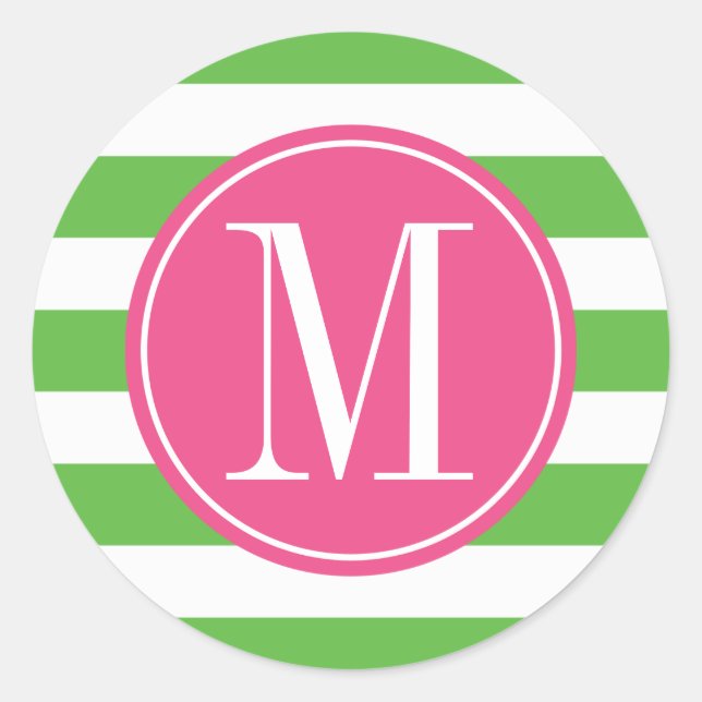 Sticker Rond Monogrammes personnalisés avec bandes rose et vert (Devant)