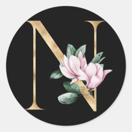 Sticker Rond Monographie de magnolia floral en lettre d'or N