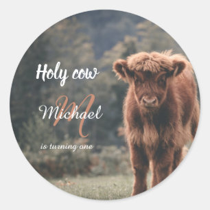 Sticker Rond Monographie de veau de vache Highland premier anni