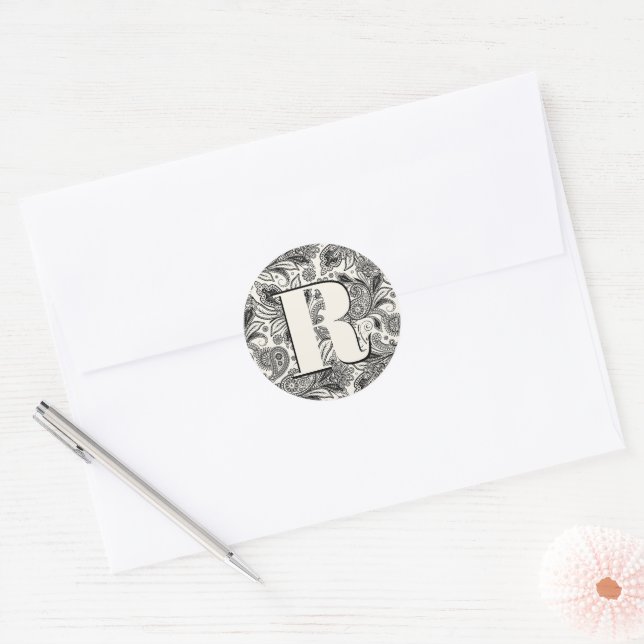 Sticker Rond Monographie en cachemire noir et blanc (Enveloppe)