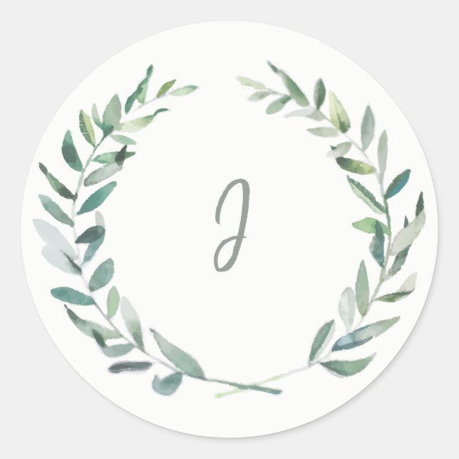 Sticker Rond Monographie feuille d'olive aquarelle rustique (Devant)