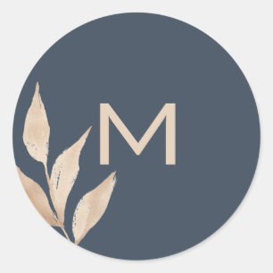Sticker Rond Monographie minimaliste feuille or bleu marine