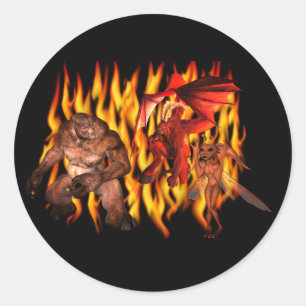Sticker Rond Monster Demon Goblin Flames Halloween