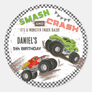 Sticker Rond Monster truck bash cool modern cute 5th birthday 