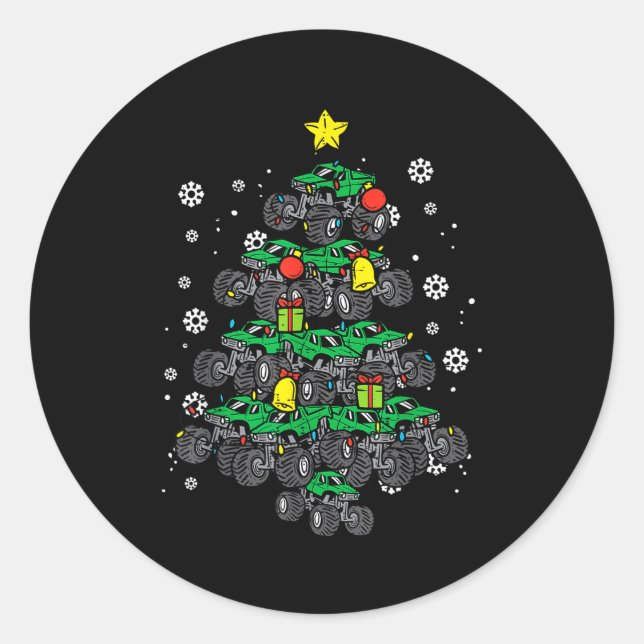 Sticker Rond Monster Truck Christmas Tree Xmas Boys Toddler Kid (Devant)