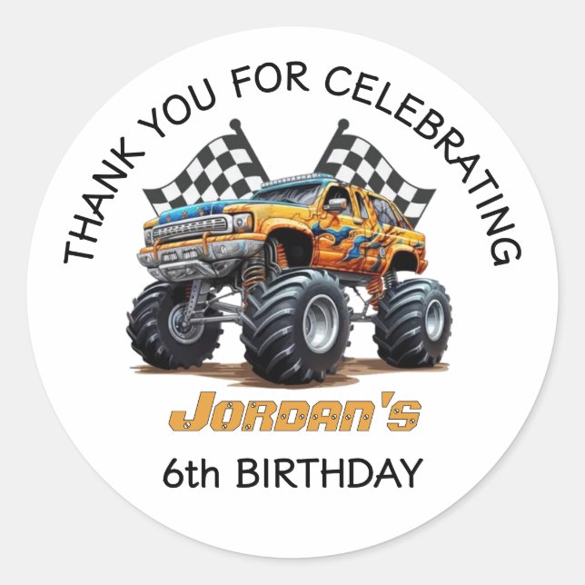 Sticker Rond Monster Truck Merci fête d'anniversaire (Devant)