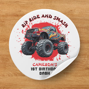 Sticker Rond Monster Truck Smash À damiers Drapeau 1er annivers