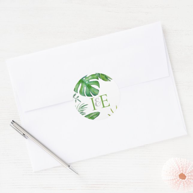 Sticker Rond Monstère Tropicale Feuille Vert Aquarelle Mailing (Enveloppe)