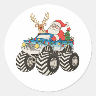 Sticker Rond Monstre Camion Noël Père Noël Renne Festif
