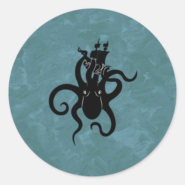 Sticker Rond Monstre de mer bleu et noir Kraken (Devant)
