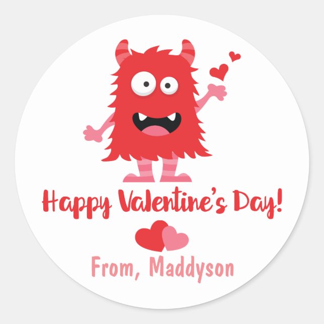 Sticker Rond Monstre et Coeurs de la Saint Valentin (Devant)
